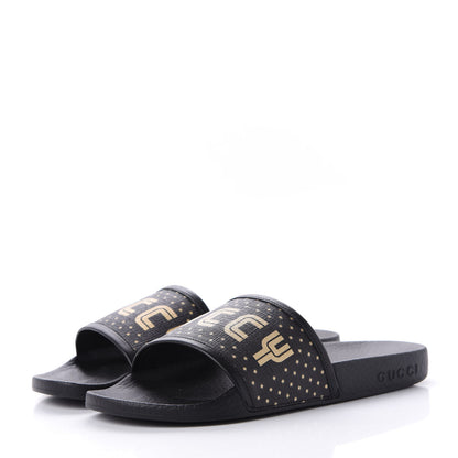 Gucci X SEGA Supreme Canvas GUCCY Stars Womens Slide Sandals 36 Black Gold 3 of 11