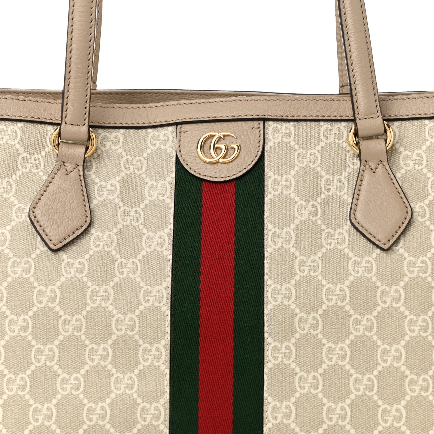 GG Supreme Monogram Textured Dollar Calfskin Web Medium Ophidia Shopping Tote Beige Mystic White Oatmeal