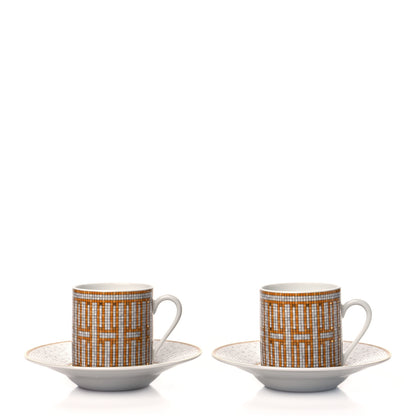 Hermes Porcelain Mosaique Au 24 Gold Coffee Cup and Saucer Set of 2 1 of 11