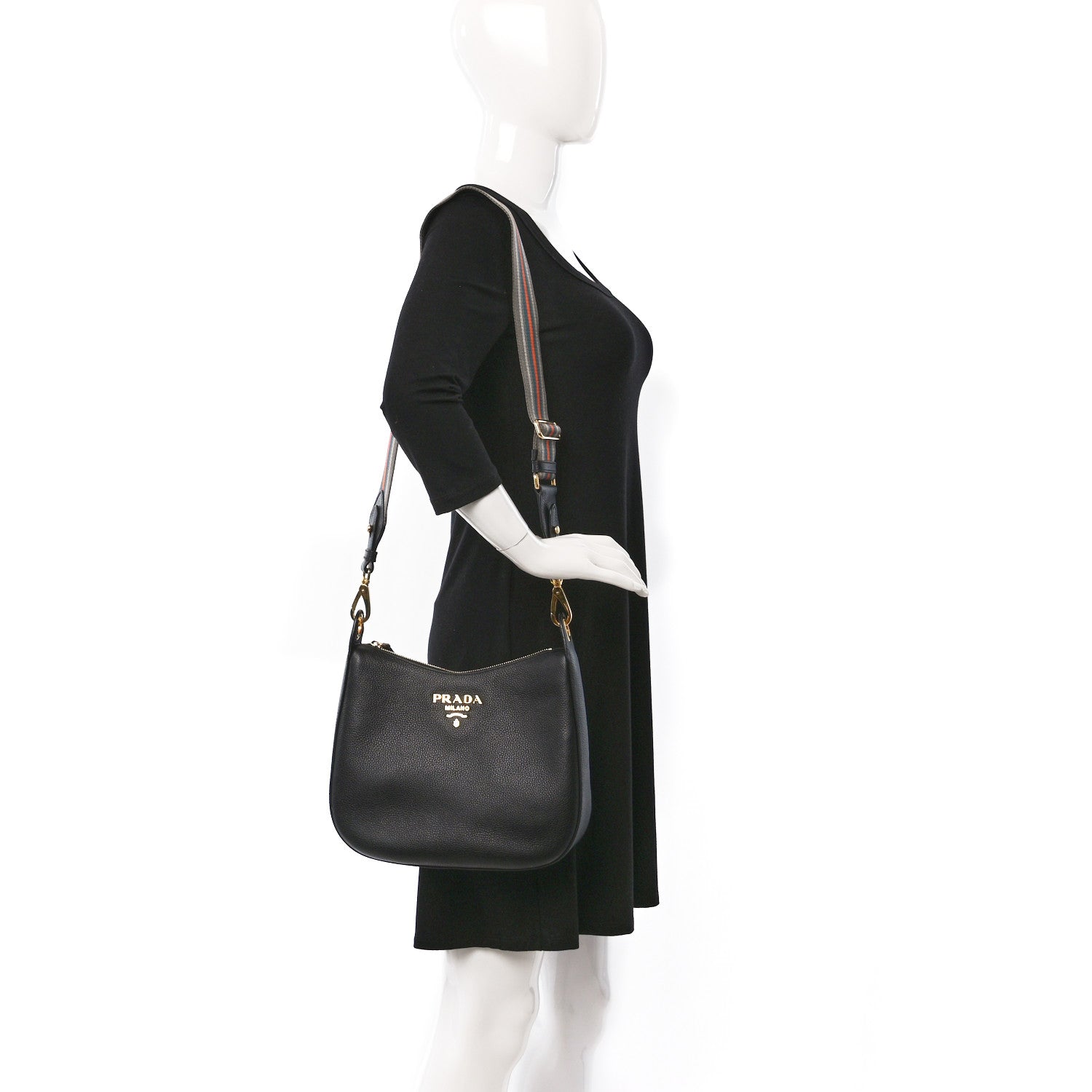 Prada Vitello Daino Zippered Messenger Hobo Black 3 of 8