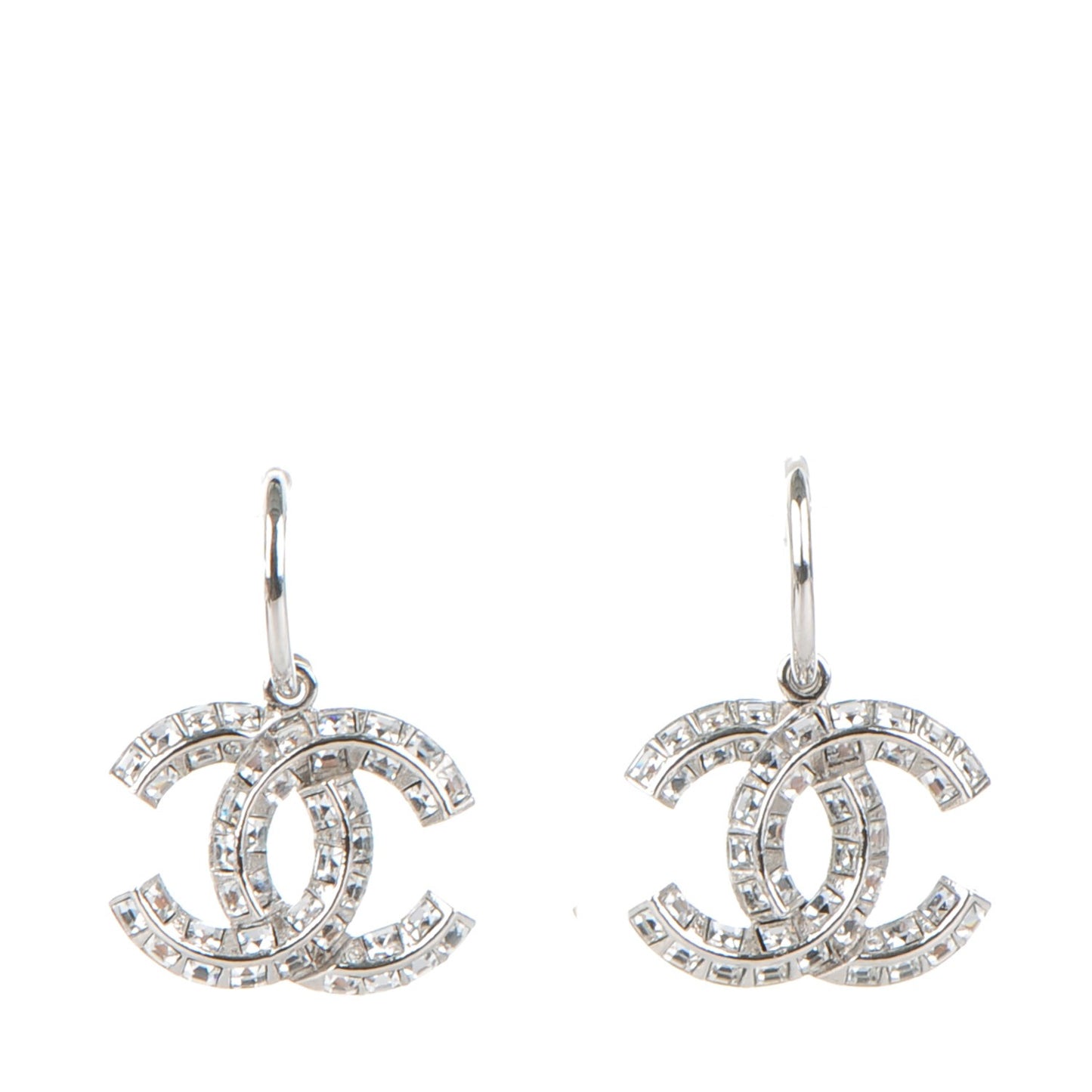 Baguette Crystal CC Drop Earrings Silver