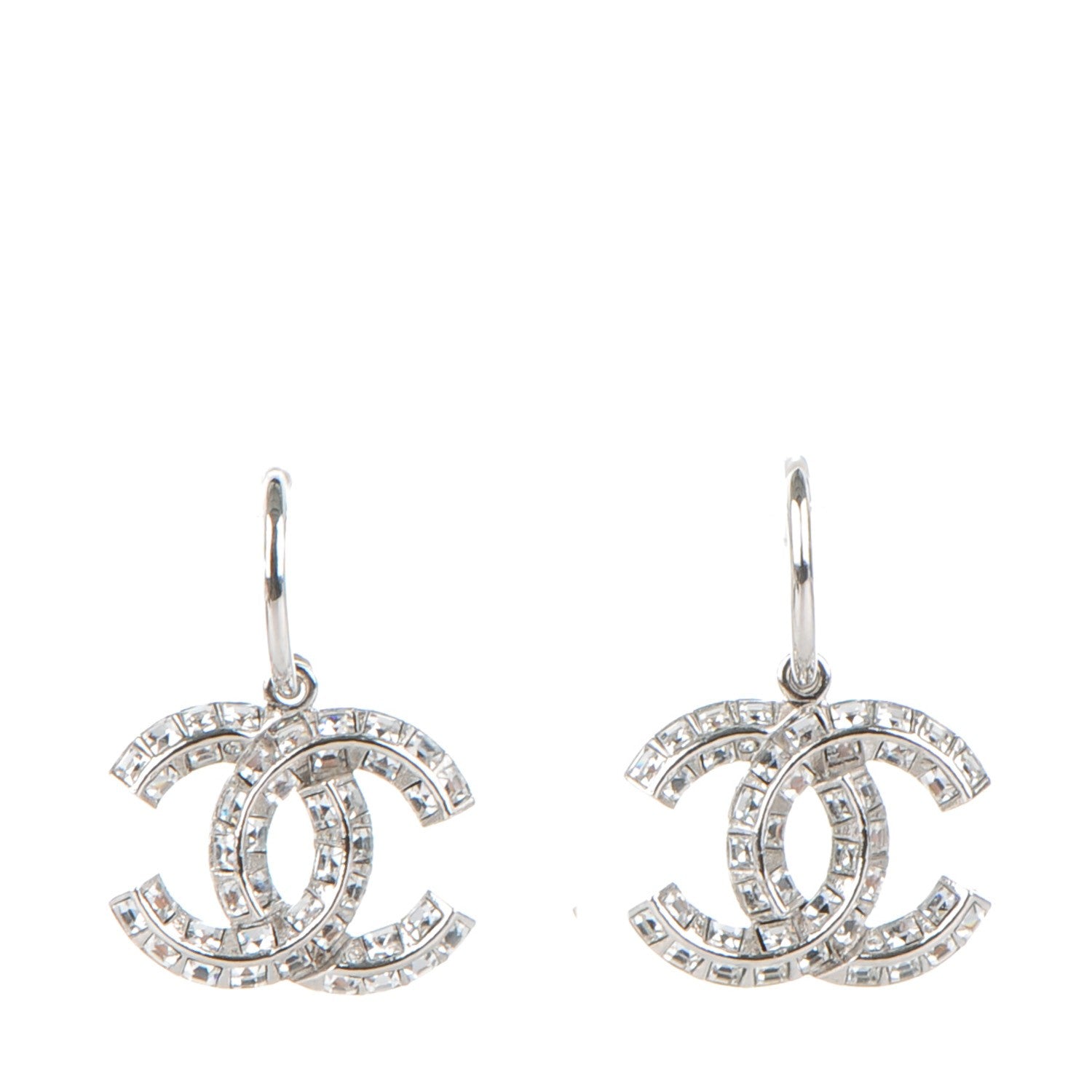 Chanel Baguette Crystal CC Drop Earrings Silver 1 of 5