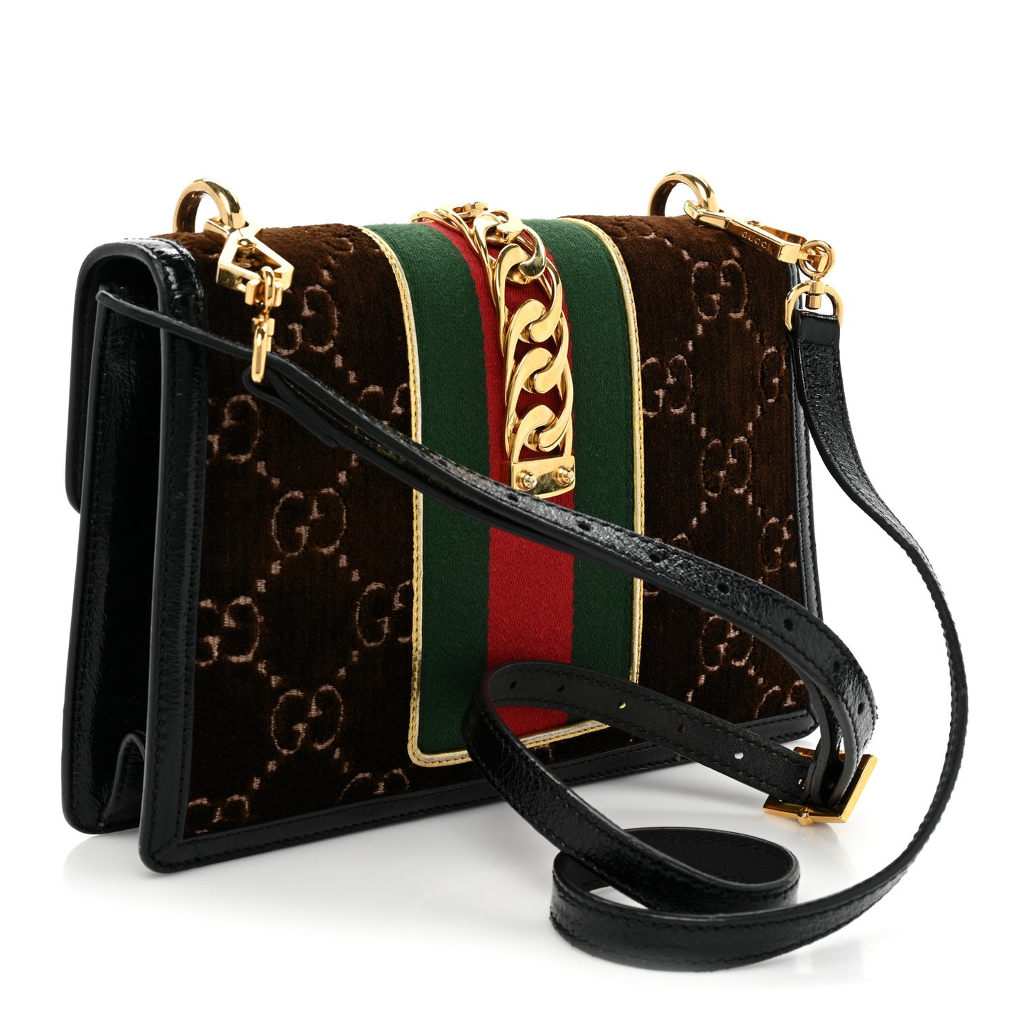 Velvet GG Monogram Web Small Sylvie Shoulder Bag Brown Black Oro Vecchio