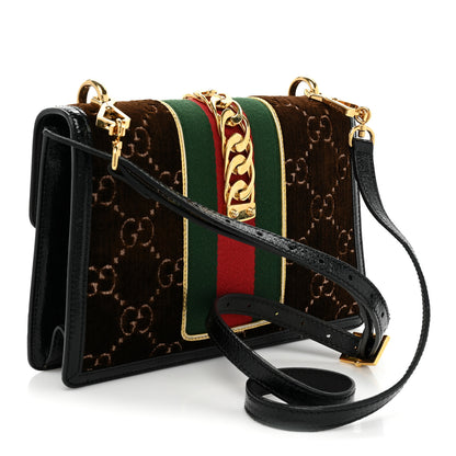 Gucci Velvet GG Monogram Web Small Sylvie Shoulder Bag Brown Black Oro Vecchio 3 of 17