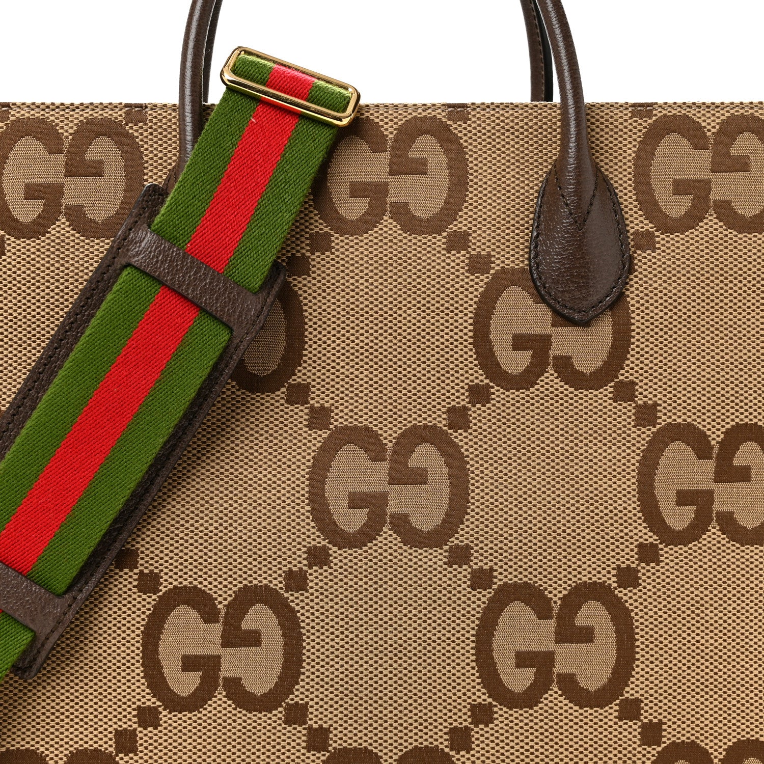 Gucci Monogram Jumbo GG Textured Dollar Calfskin Web Tote Bag Camel Ebony New Acero 8 of 13