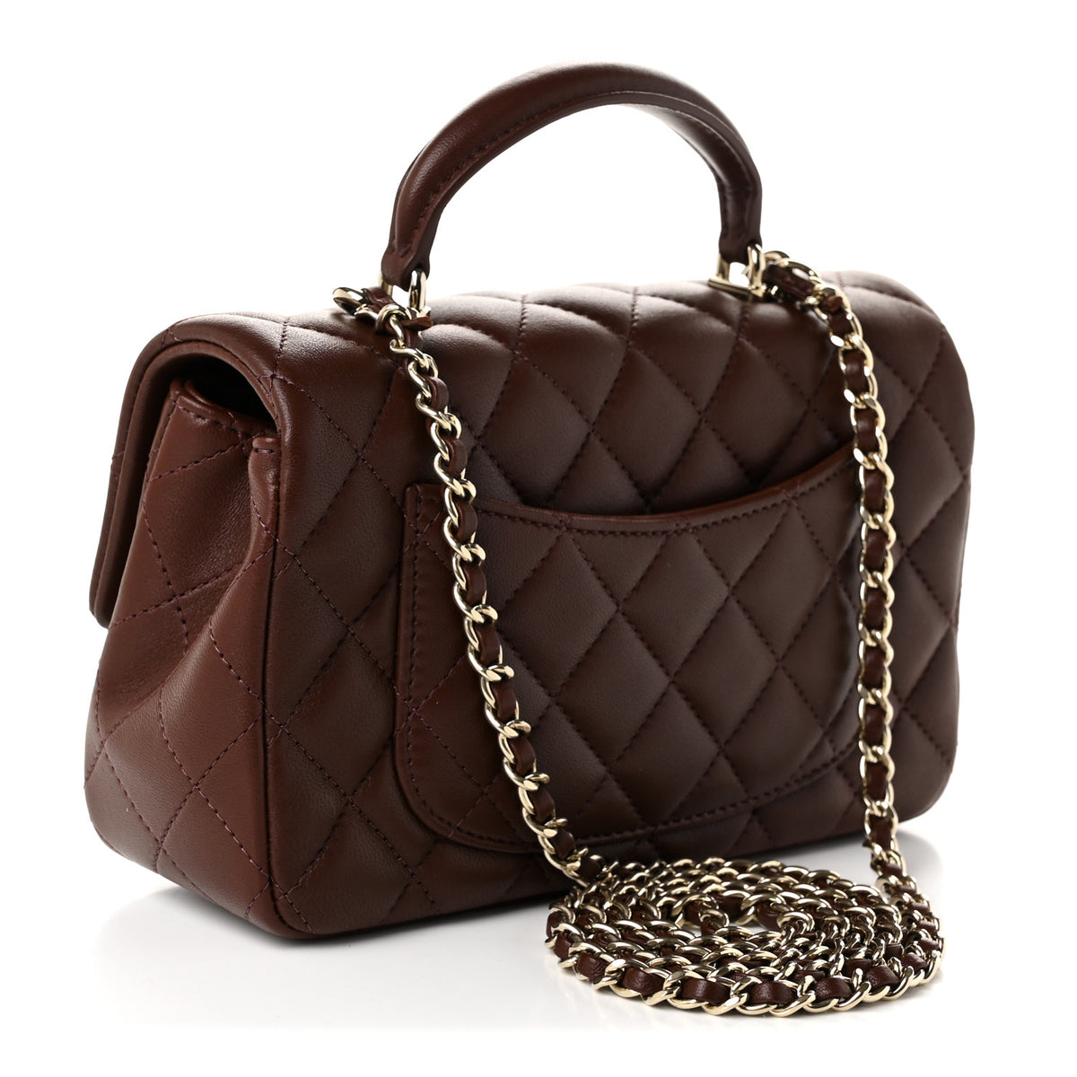 Lambskin Quilted Mini Top Handle Rectangular Flap Dark Brown