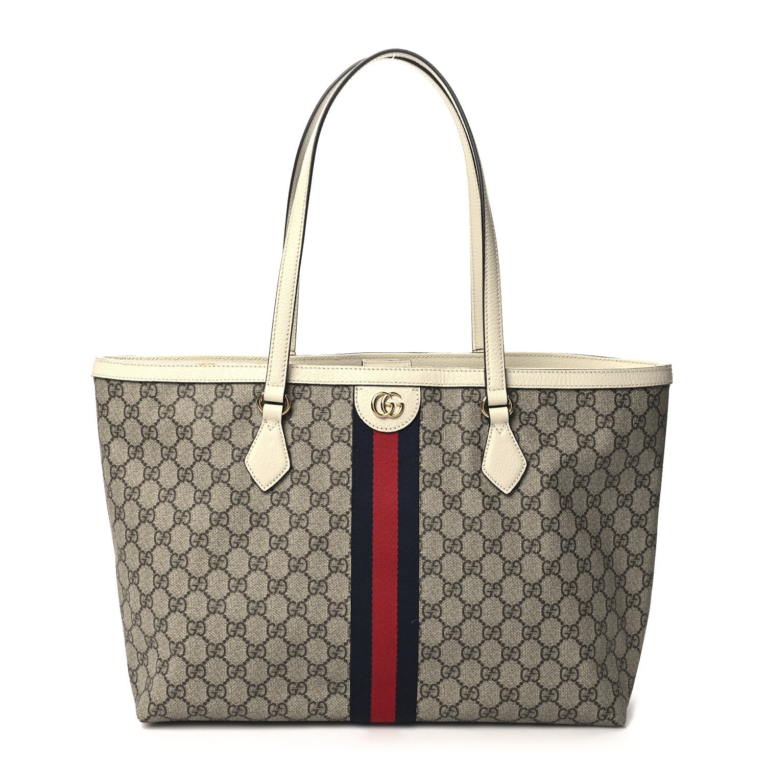 Gucci GG Supreme Monogram Textured Dollar Calfskin Web Medium Ophidia Shopping Tote Beige Ebony Mystic White 1 of 10