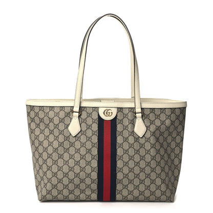 Gucci GG Supreme Monogram Textured Dollar Calfskin Web Medium Ophidia Shopping Tote Beige Ebony Mystic White 1 of 10