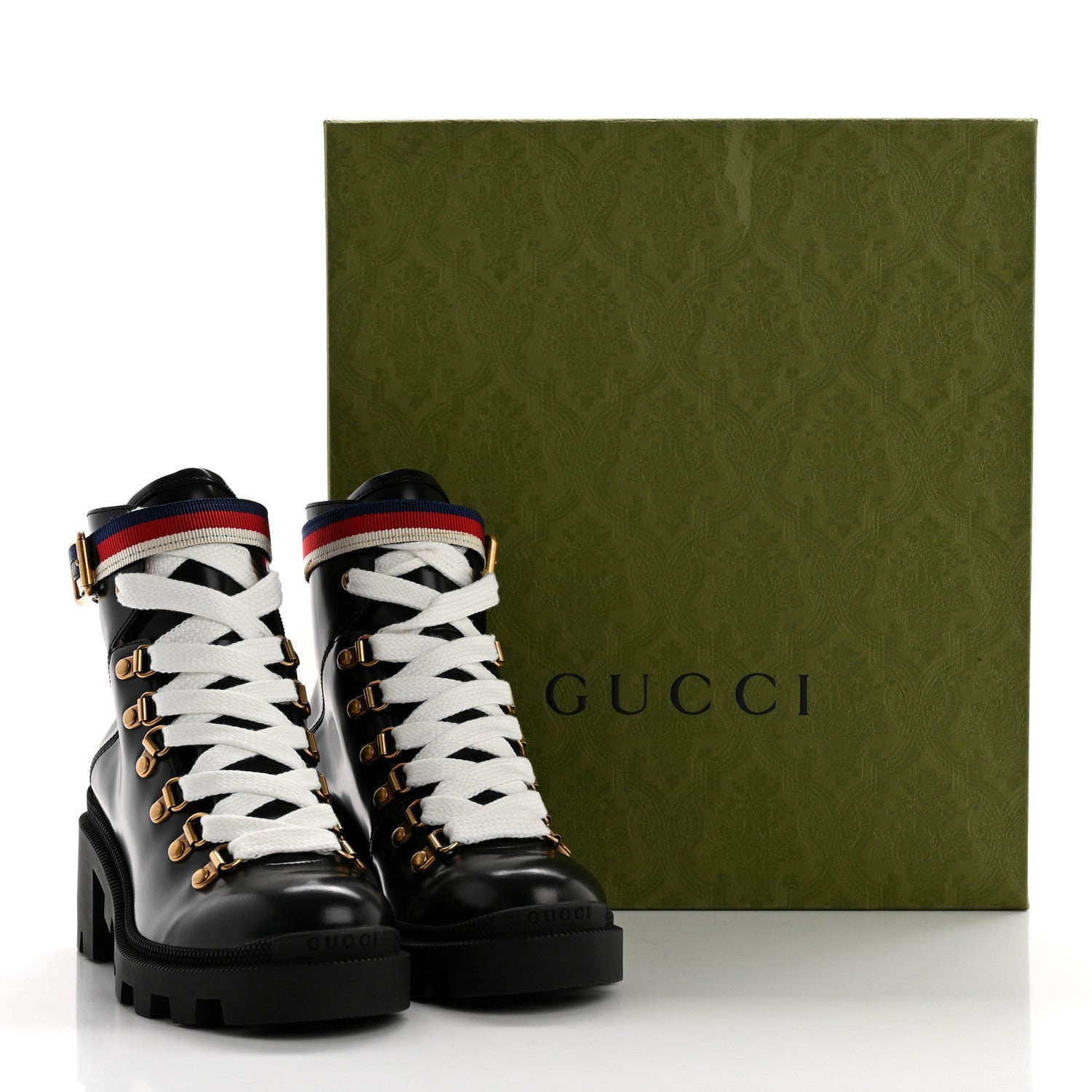 Gucci Calfskin Sylvie Web Womens Lace Up Combat Boots 35.5 Black 10 of 10