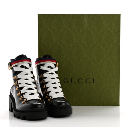 Gucci Calfskin Sylvie Web Womens Lace Up Combat Boots 35.5 Black 10 of 10