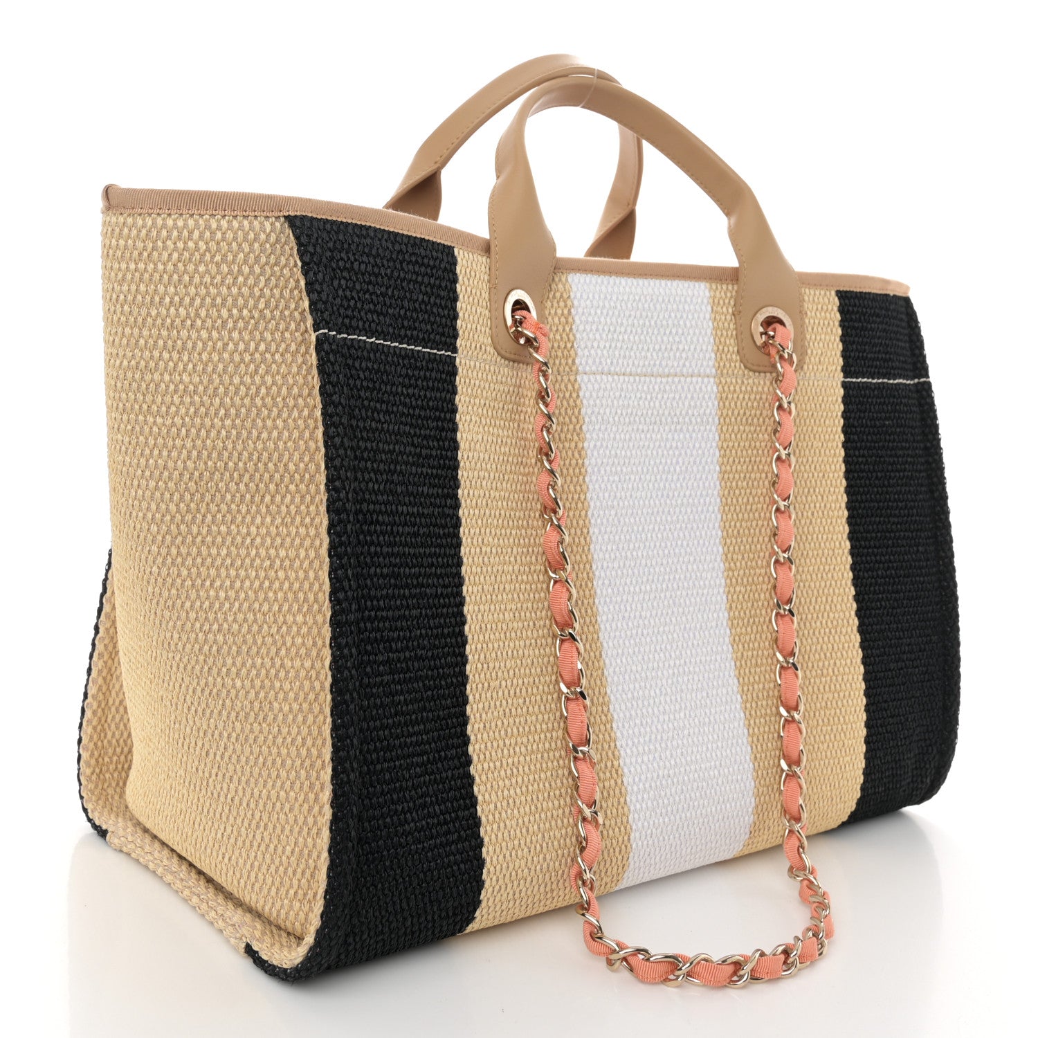 Chanel Straw Raffia Calfskin Striped Medium Deauville Tote Black Beige Ivory 3 of 15