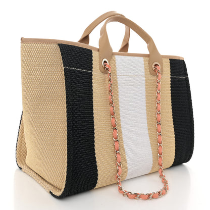 Chanel Straw Raffia Calfskin Striped Medium Deauville Tote Black Beige Ivory 3 of 15