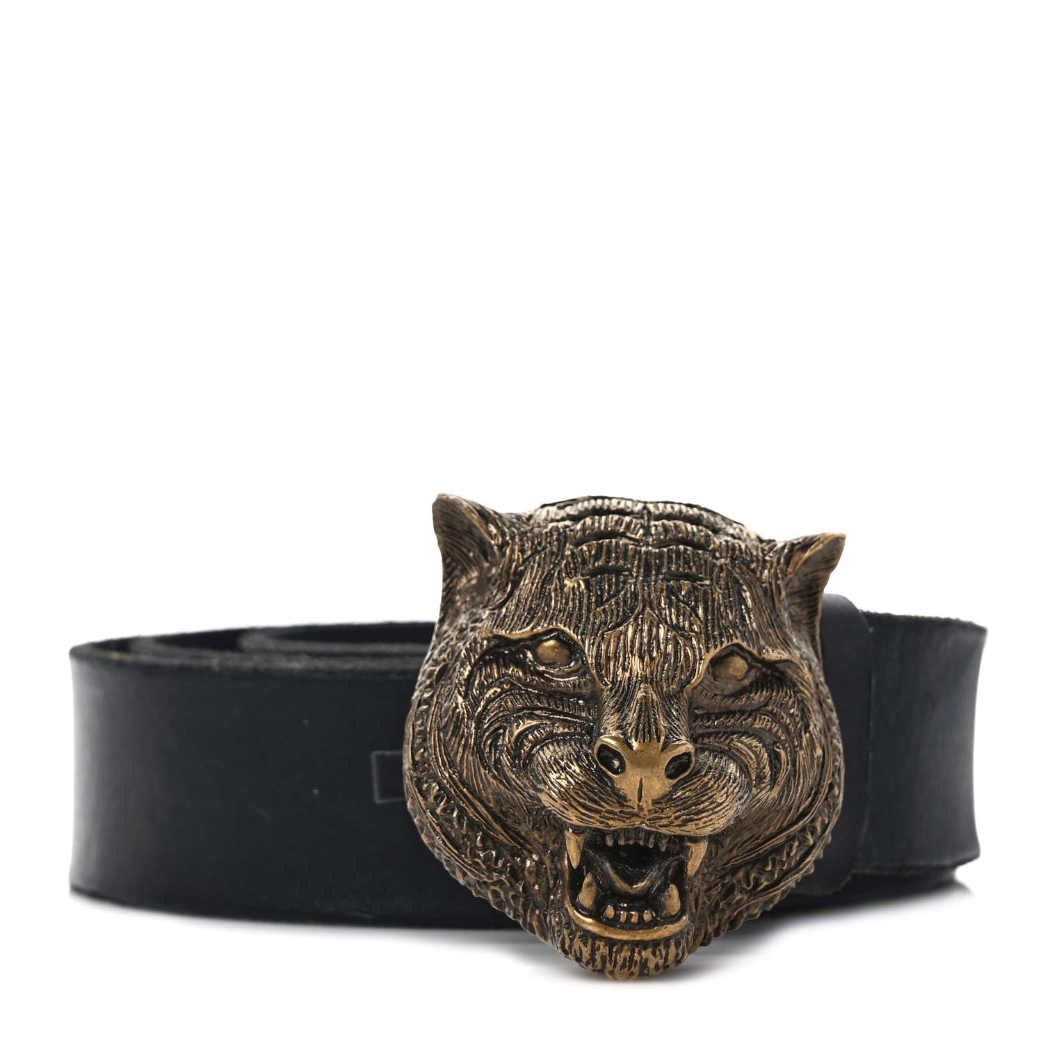 Gucci Calfskin Brass Feline Buckle Belt 100 40 Black 1 of 5