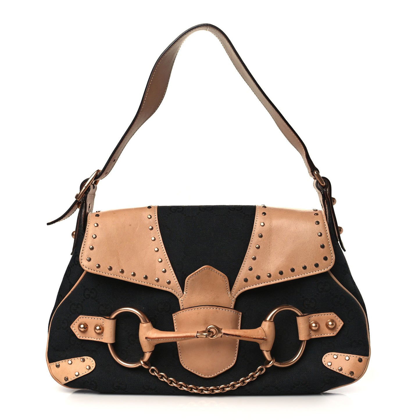 Monogram Horsebit Chain Studded Flap Shoulder Bag Black