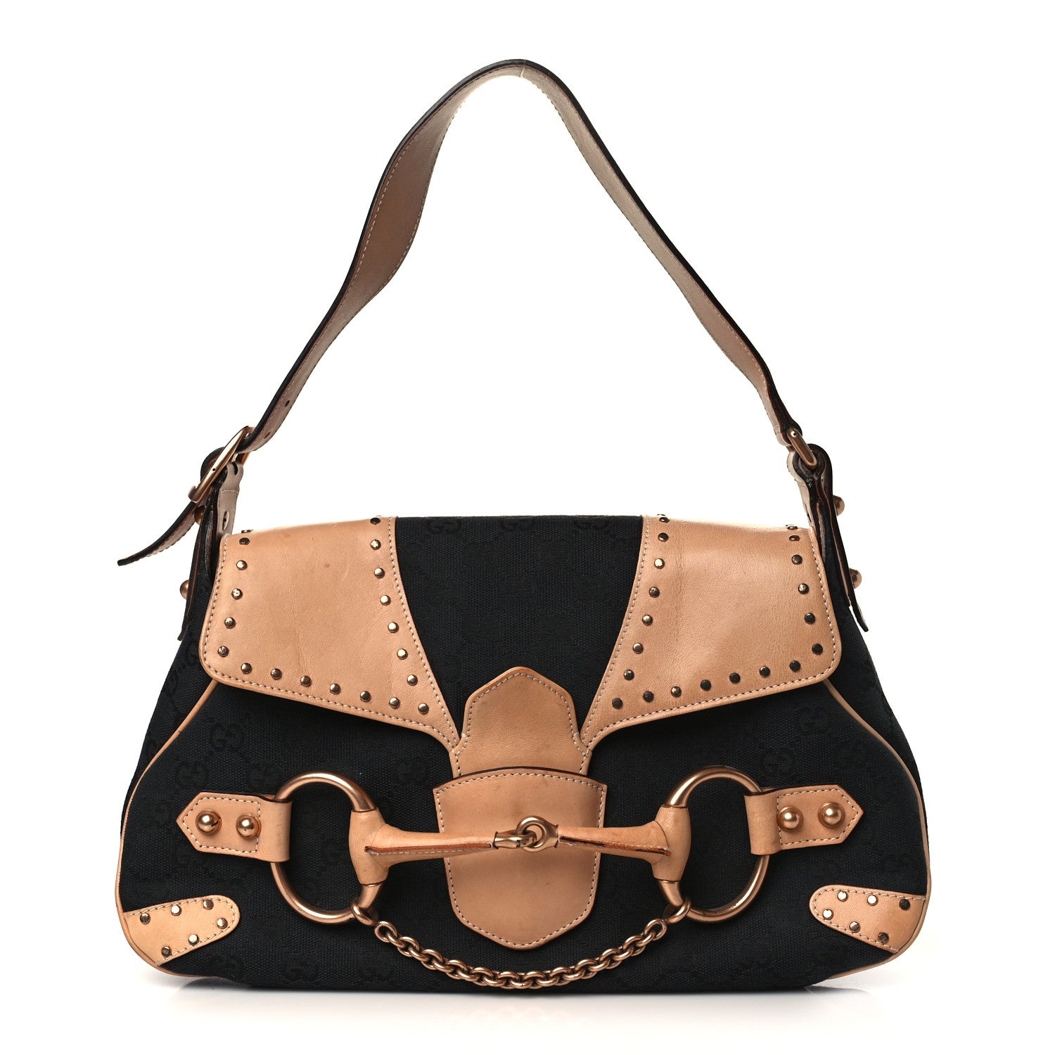 Gucci Monogram Horsebit Chain Studded Flap Shoulder Bag Black 1 of 13
