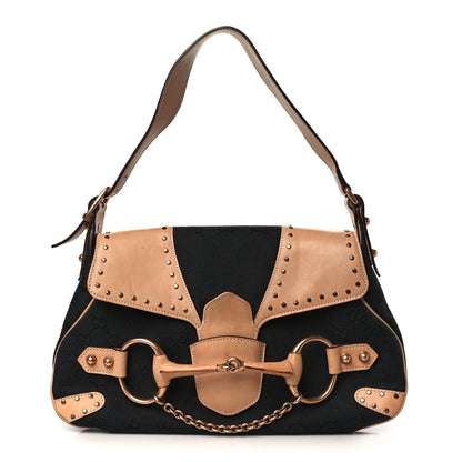 Gucci Monogram Horsebit Chain Studded Flap Shoulder Bag Black 1 of 13
