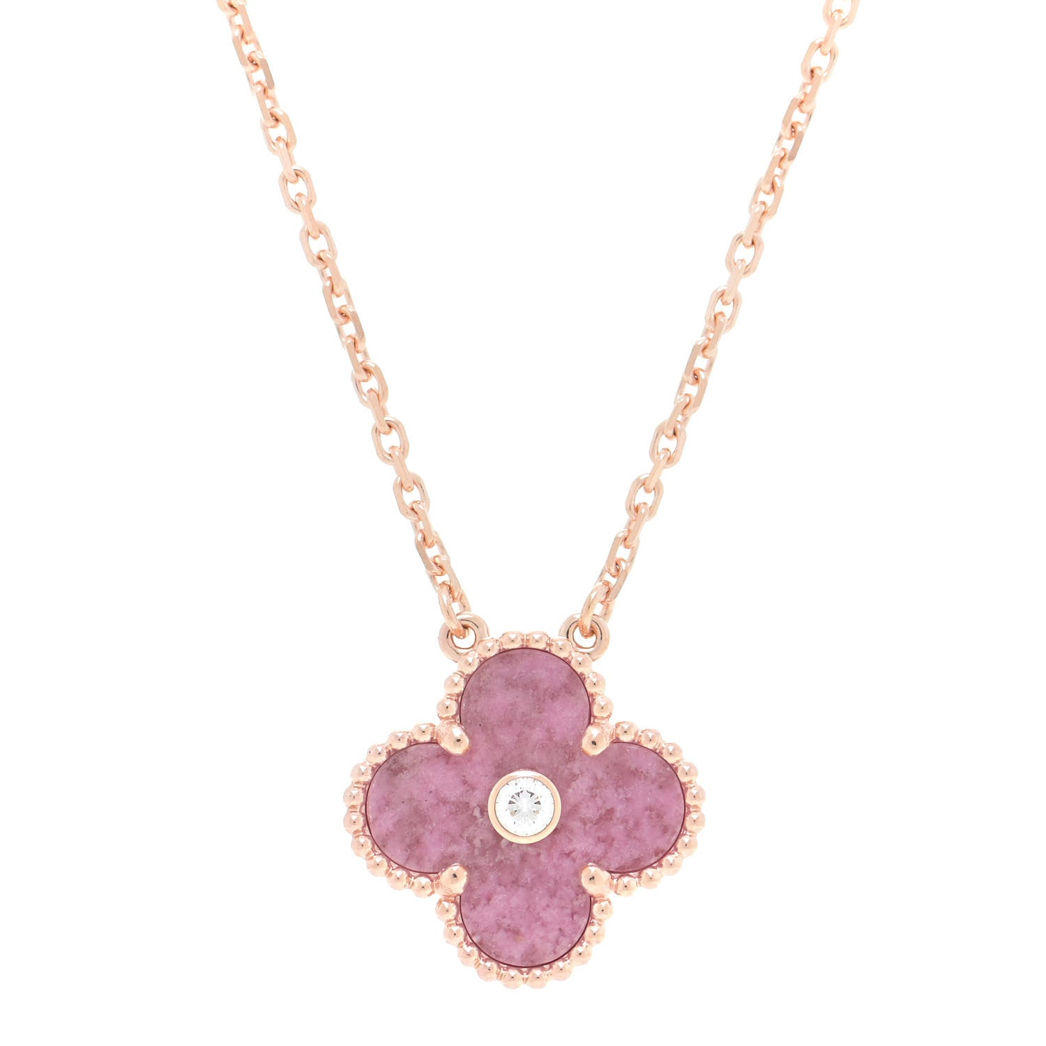 product image of VAN CLEEF & ARPELS 18K Rose Gold Diamond Rhodonite Vintage Alhambra Pendant Necklace FASHIONPHILE