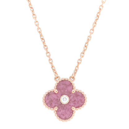 Van Cleef & Arpels 18K Rose Gold Diamond Rhodonite Vintage Alhambra Pendant Necklace 4 of 7