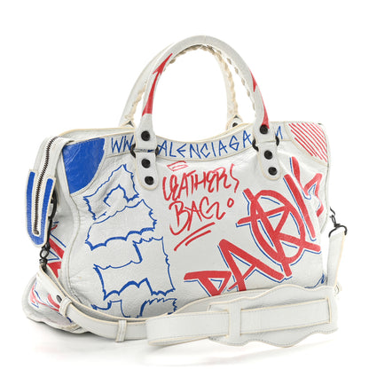 Balenciaga Agneau Graffiti All Over Classic Hardware City White Bleu Rouge 3 of 9