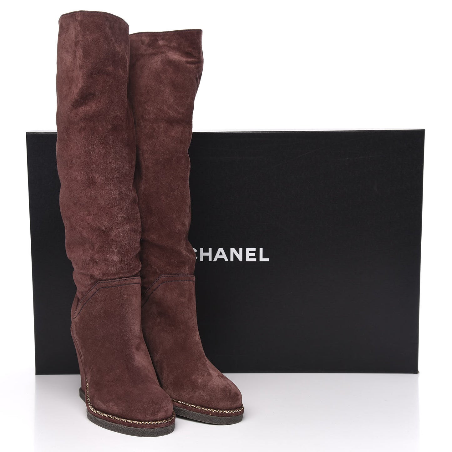 Suede Calfskin Chain Around High Boots 39 Burgundy