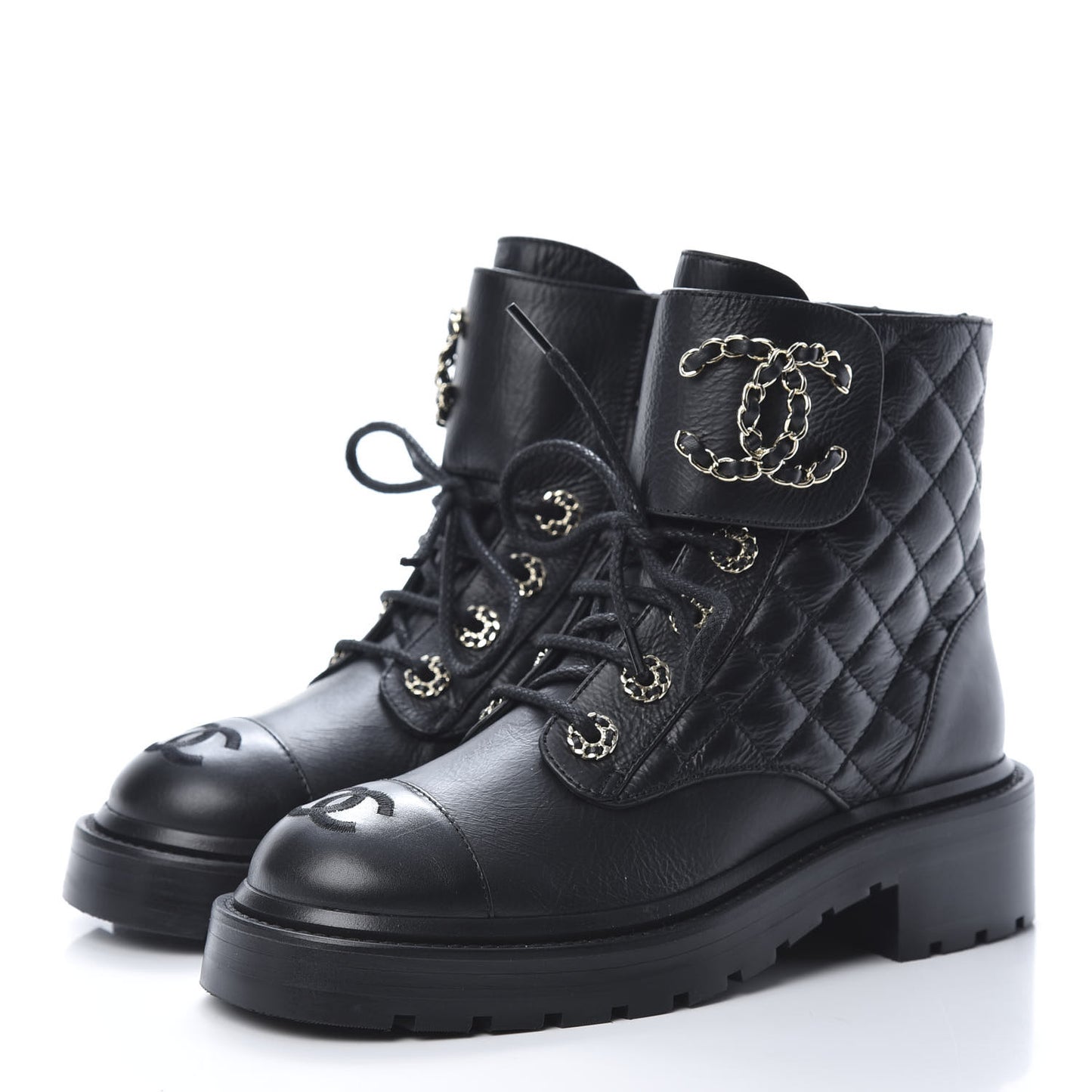 Shiny Goatskin Calfskin Quilted Lace Up Combat Boots 35 Black