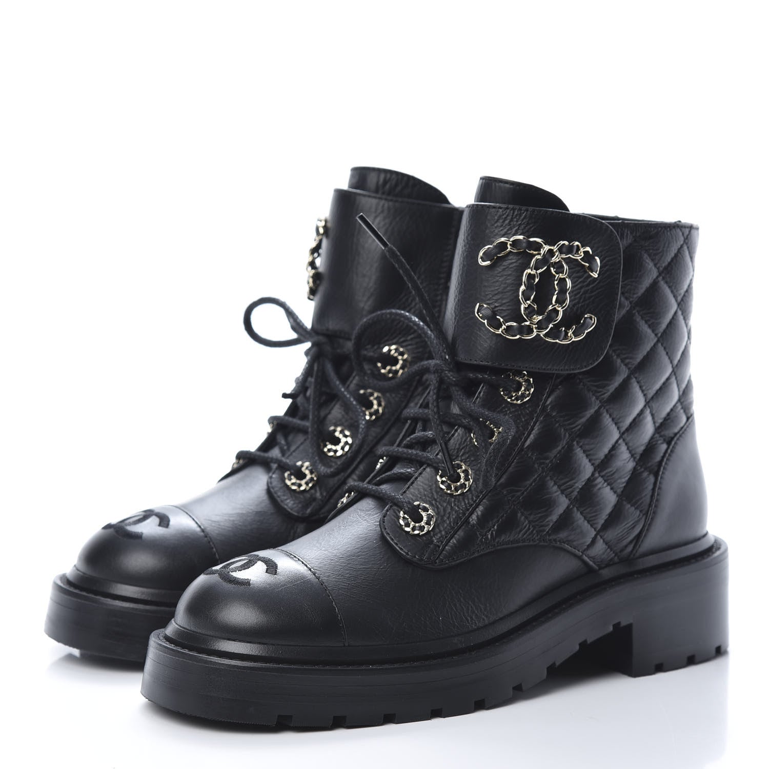 Chanel Shiny Goatskin Calfskin Quilted Lace Up Combat Boots 35 Black 3 of 8