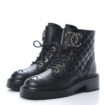 Chanel Shiny Goatskin Calfskin Quilted Lace Up Combat Boots 35 Black 3 of 8