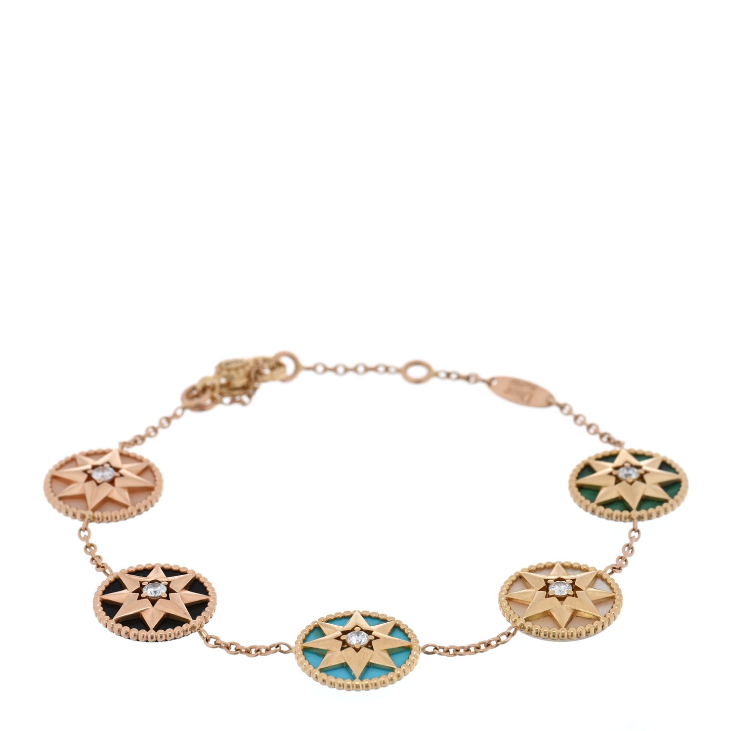 18K Yellow Gold Diamond Multi Gemstone Rose Des Vents 5 Charm Bracelet