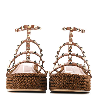 Valentino Garavani Calfskin Rockstud Ankle Strap Torchon Espadrille Caged 30/55mm Sandals 38 Saddle Brown 2 of 5