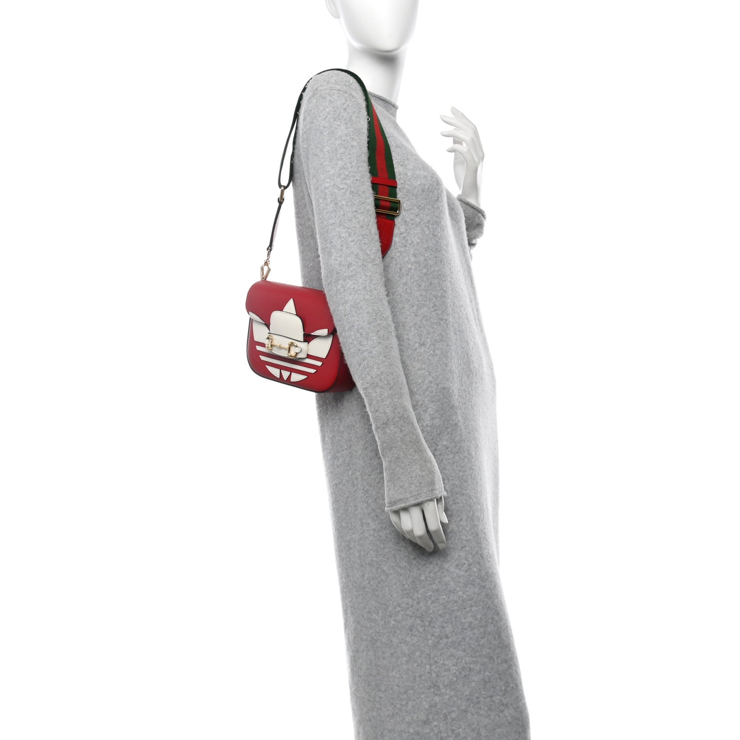 X ADIDAS Textured Dollar Calfskin Web Trefoil Mini Horsebit 1955 Shoulder Bag Hibiscus Red Off White