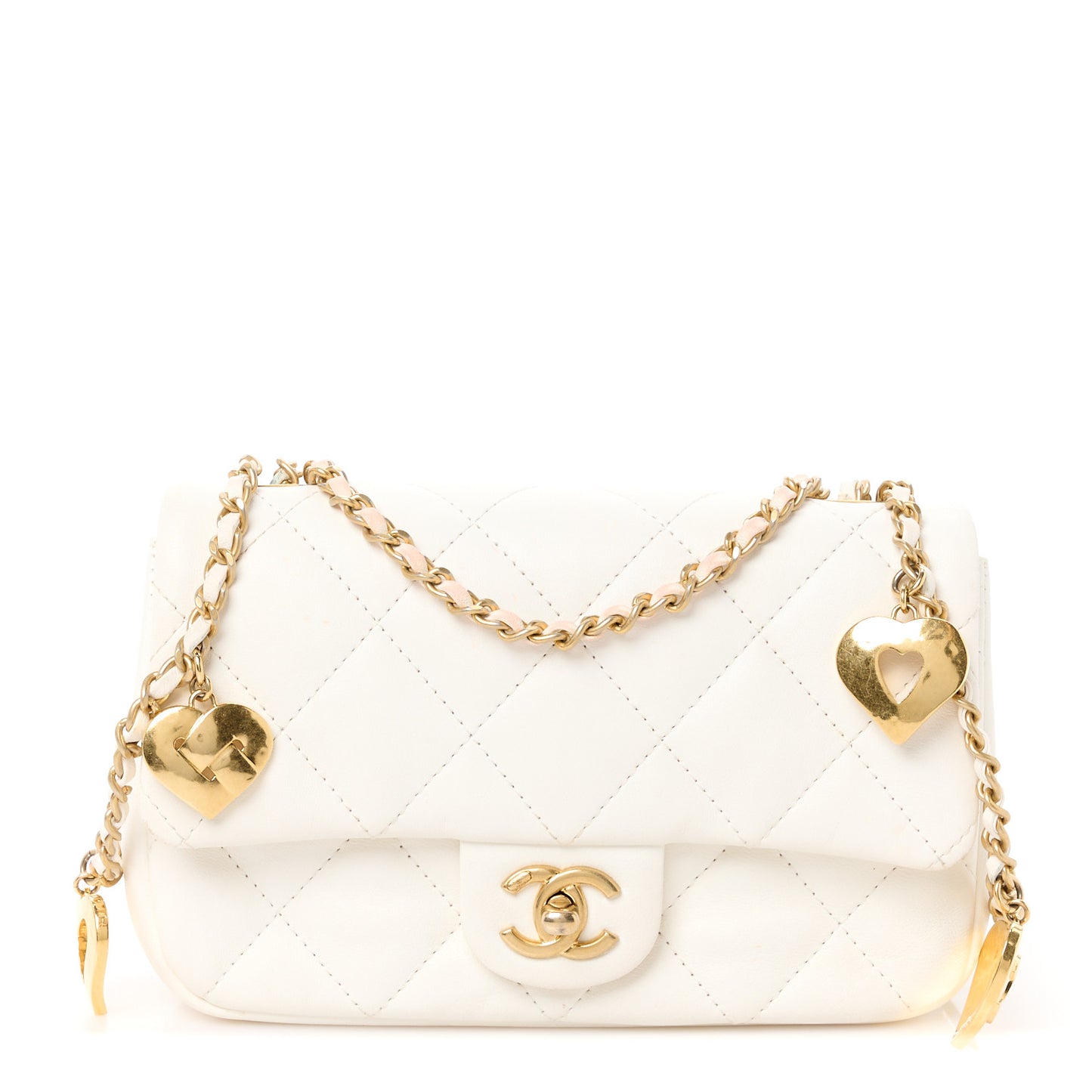 Lambskin Quilted Mini Heart Charms Flap White