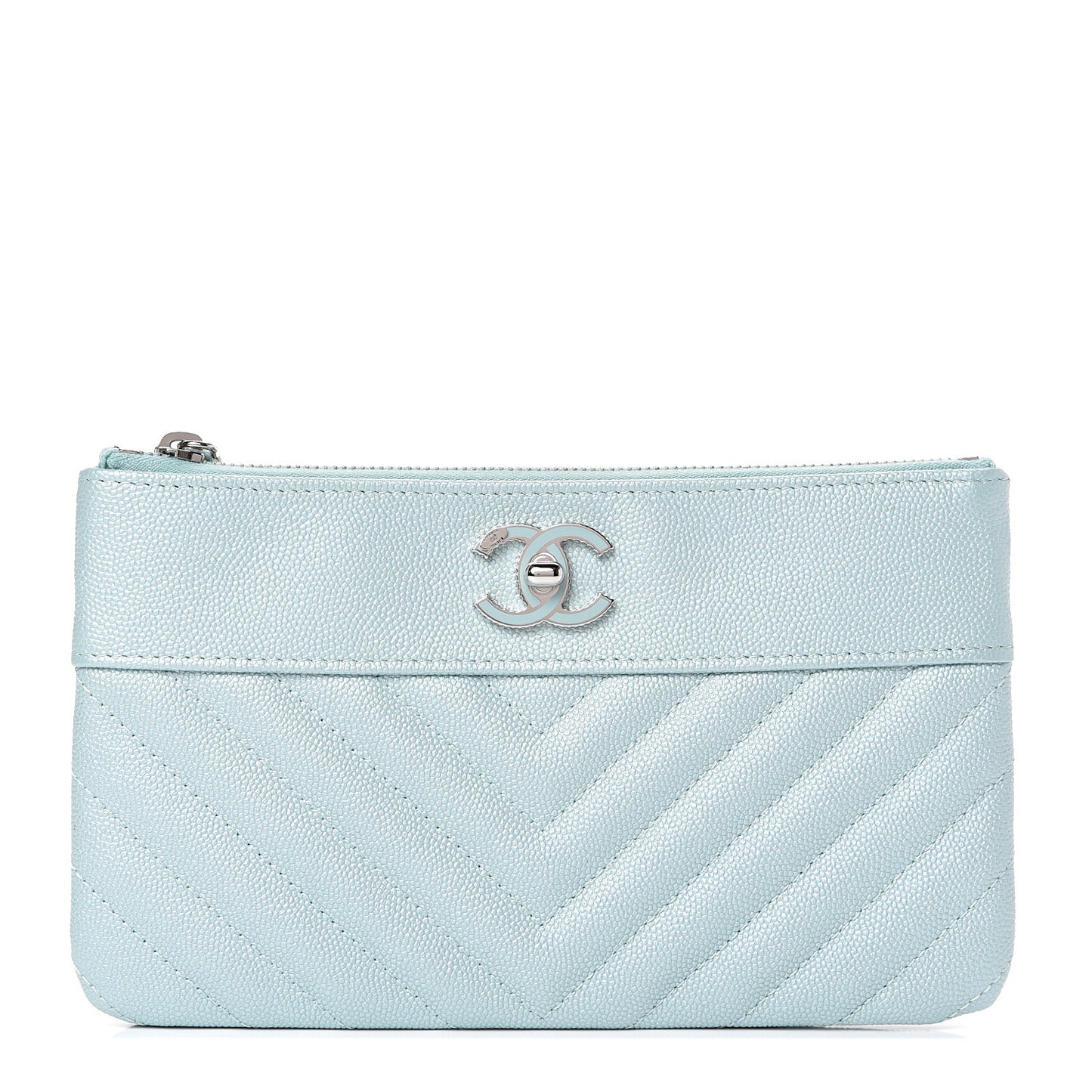 Metallic Caviar Chevron Quilted Mademoiselle Vintage Zip Pouch Light Blue