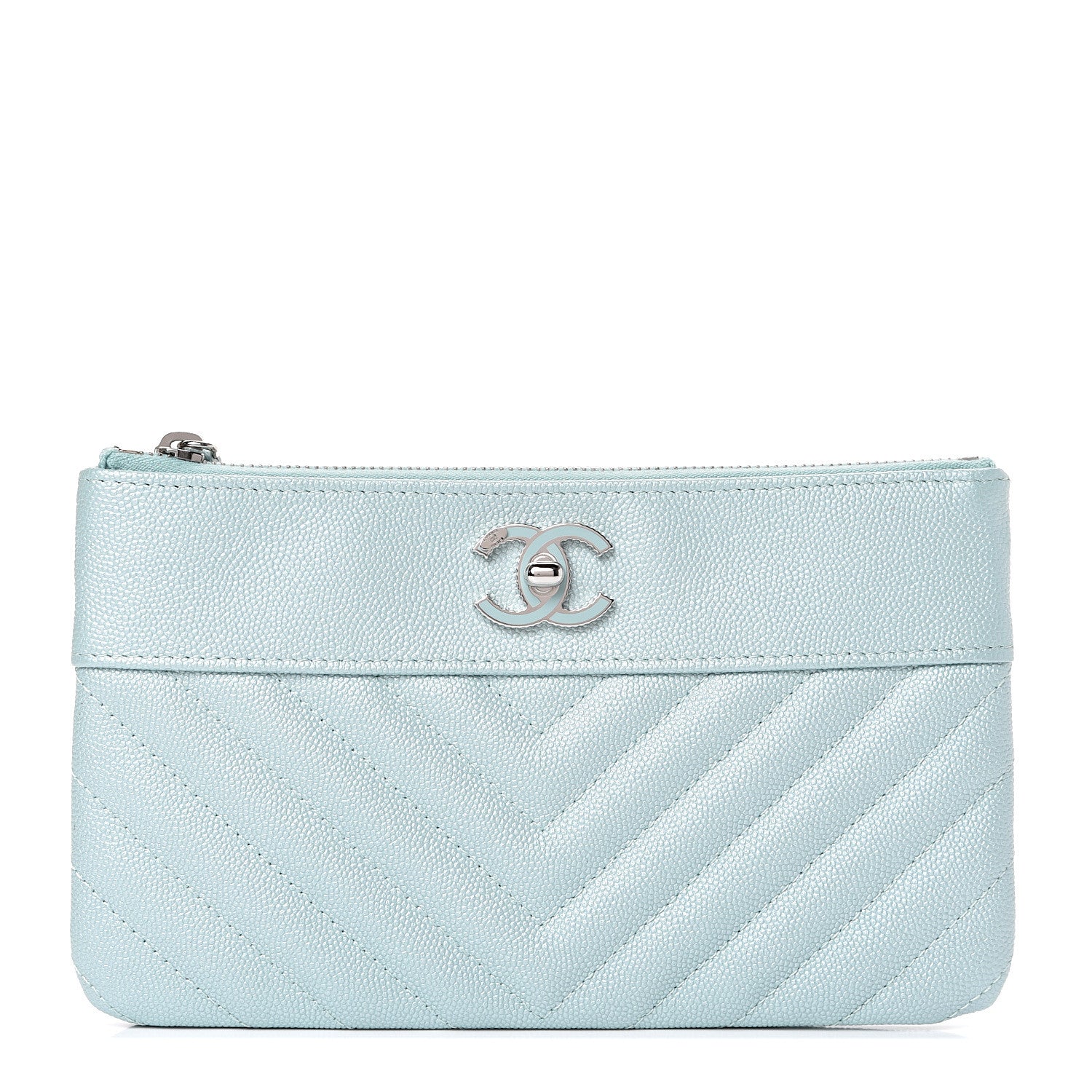Chanel Metallic Caviar Chevron Quilted Mademoiselle Vintage Zip Pouch Light Blue 1 of 7