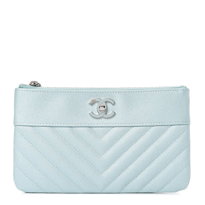 Chanel Metallic Caviar Chevron Quilted Mademoiselle Vintage Zip Pouch Light Blue 1 of 7