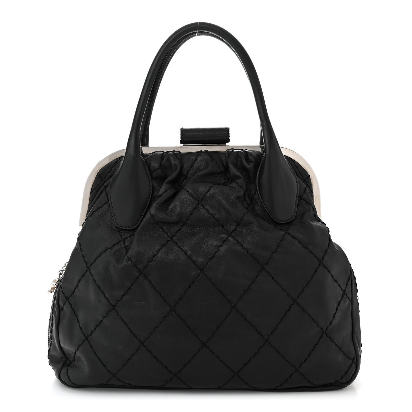 Calfskin Stitched Expandable Frame Bag Black