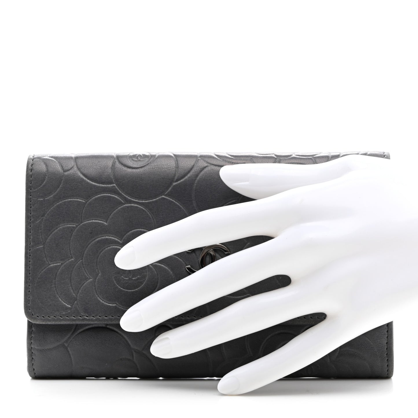 Lambskin Camellia Embossed Medium Wallet Grey