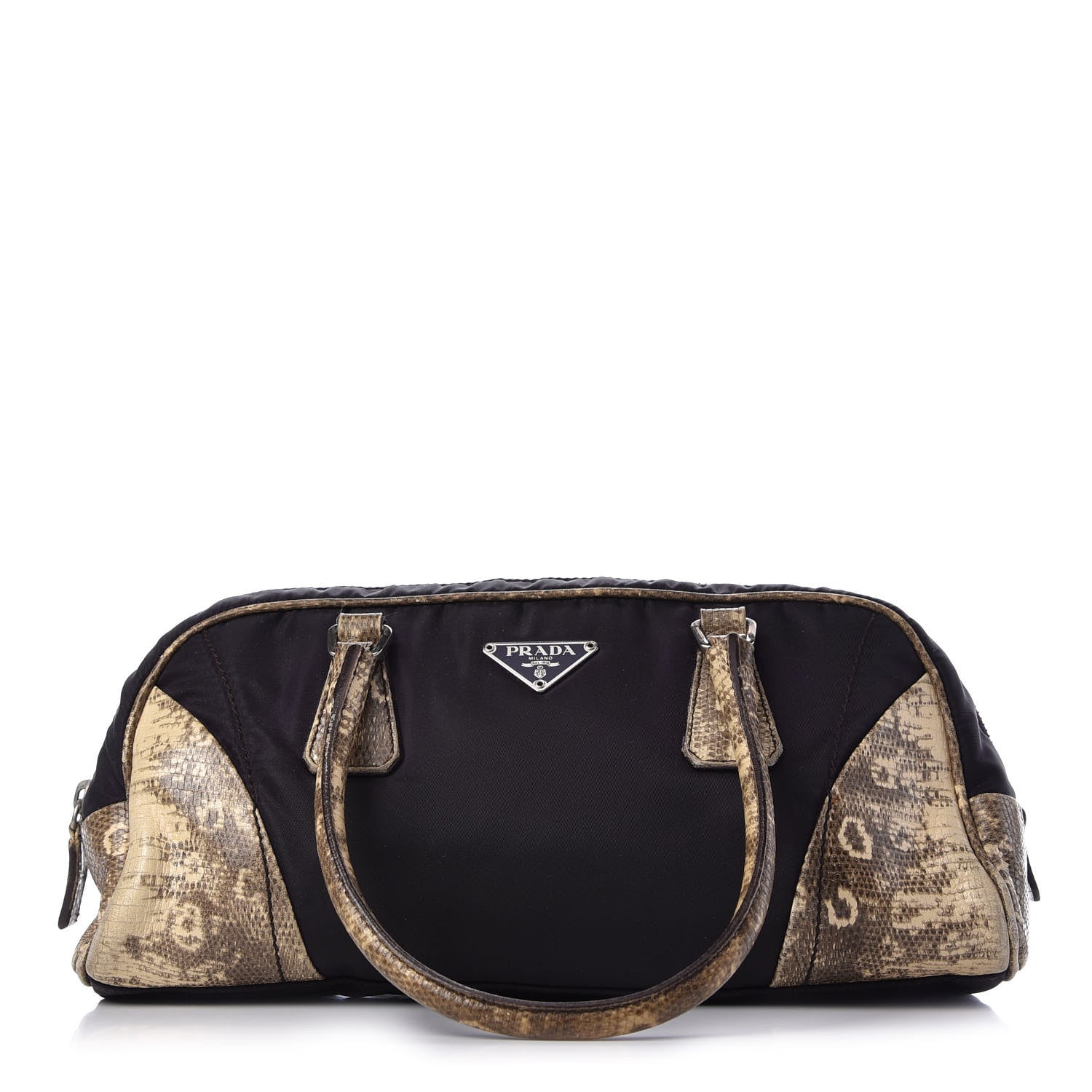 Prada Tessuto Nylon Calfskin Lizard Embossed Bag Ebano 1 of 12