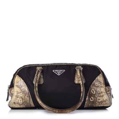 Prada Tessuto Nylon Calfskin Lizard Embossed Bag Ebano 1 of 12