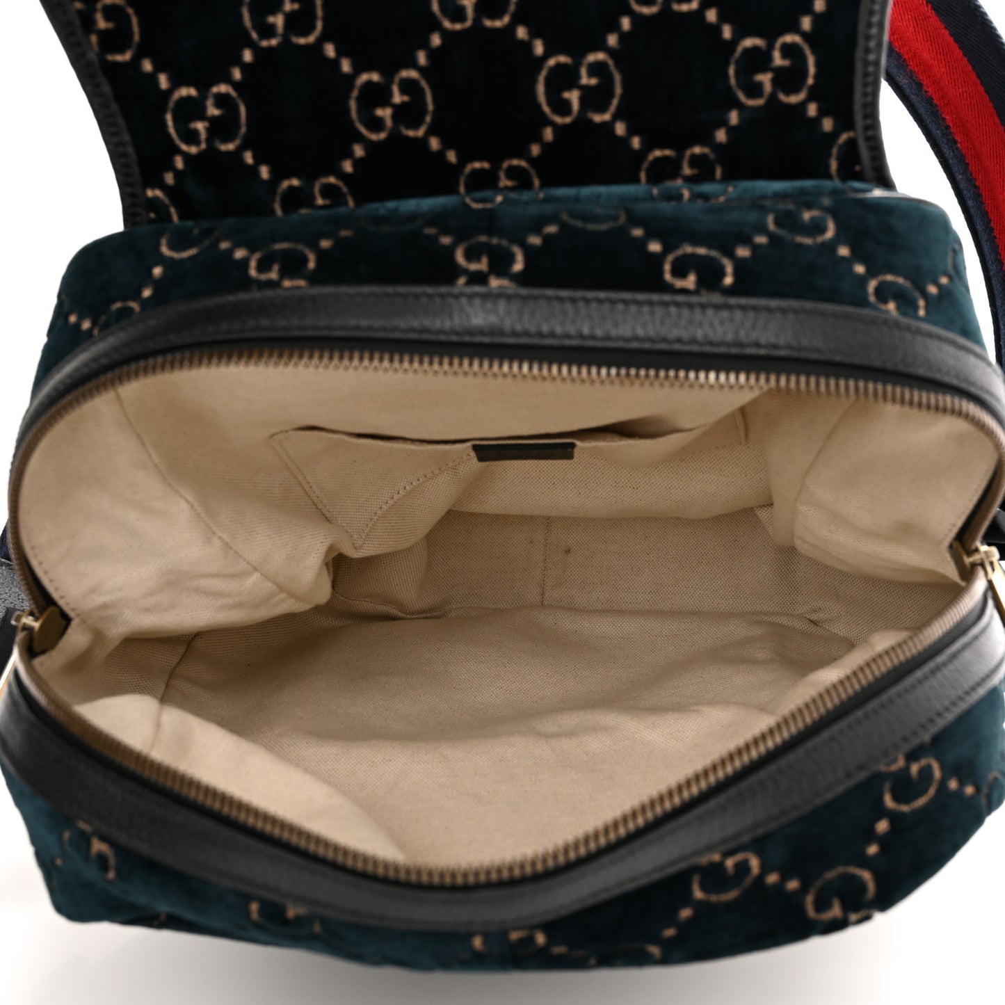 Velvet GG Monogram Textured Calfskin Web Small Double Buckle Backpack Blue Beige Black