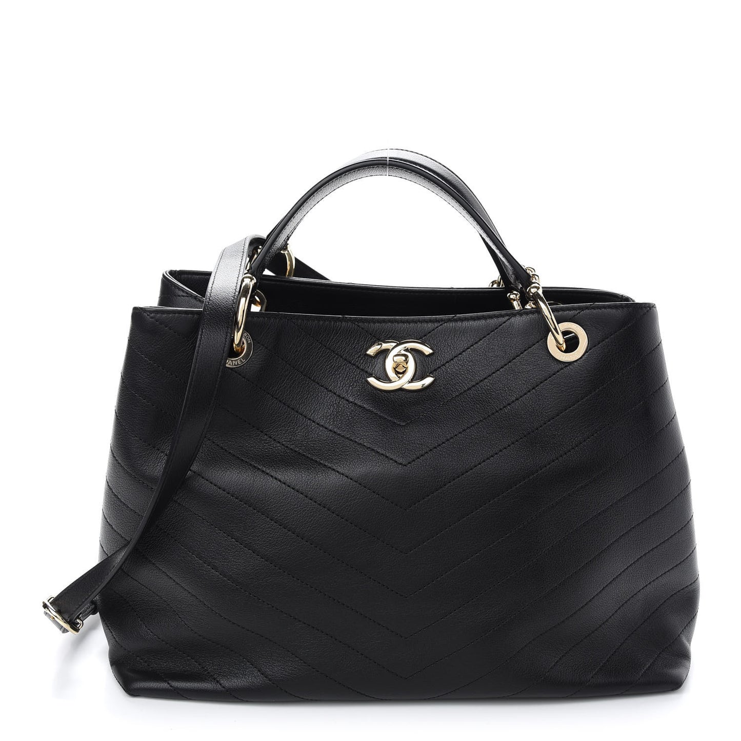 Calfskin Stitched Large Chevron Chic Shopping Bag Black