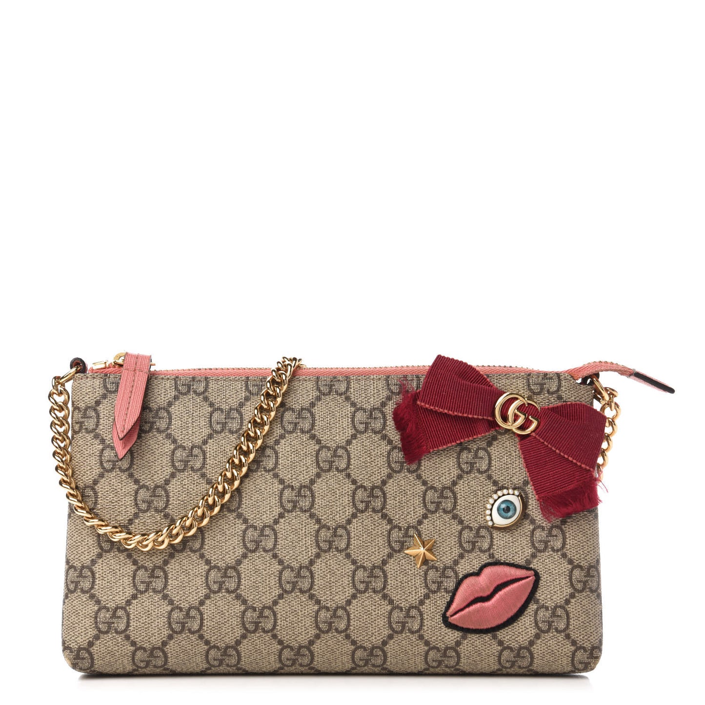 GG Supreme Monogram Face Embroidered Wrist Wallet Pink