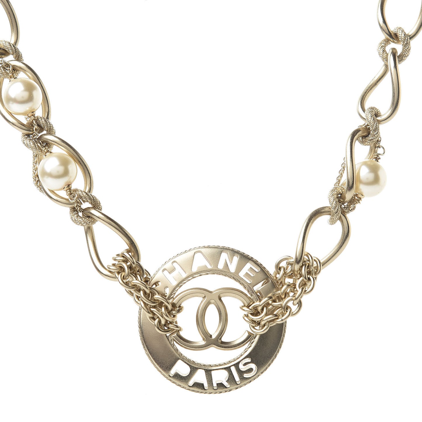 Metal Pearl Chain CC Paris Pendant Necklace Light Gold