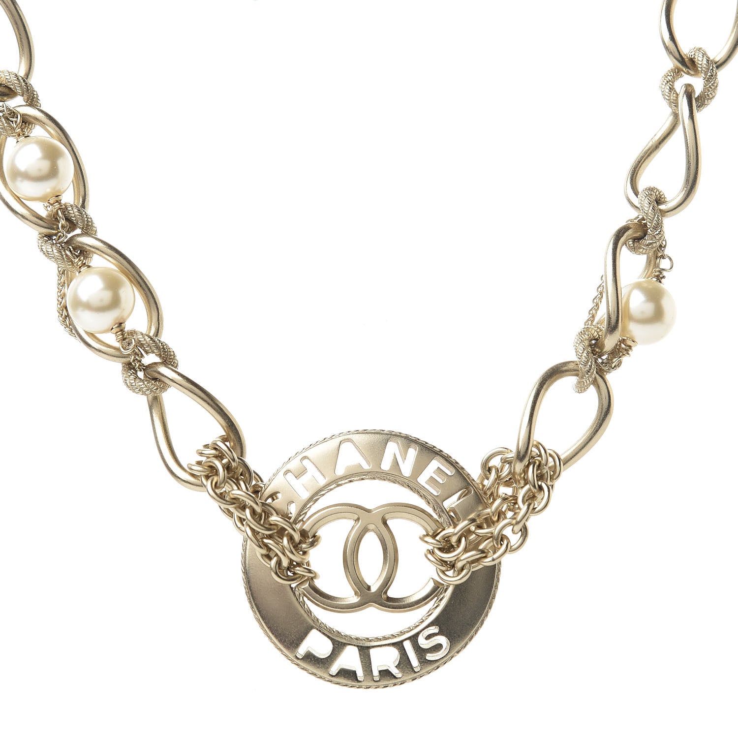 Chanel Metal Pearl Chain CC Paris Pendant Necklace Light Gold 1 of 5