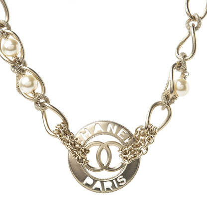 Chanel Metal Pearl Chain CC Paris Pendant Necklace Light Gold 1 of 5