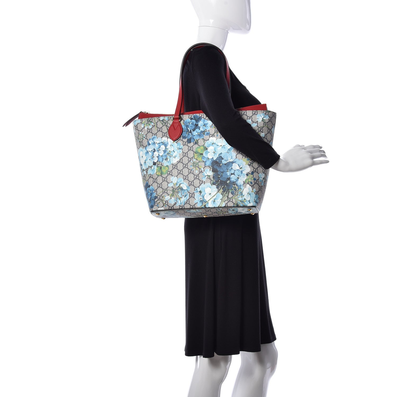 Gucci GG Supreme Monogram Blooms Medium Zippered Bucket Tote Beige Blue Navy Hibiscus Red 2 of 9