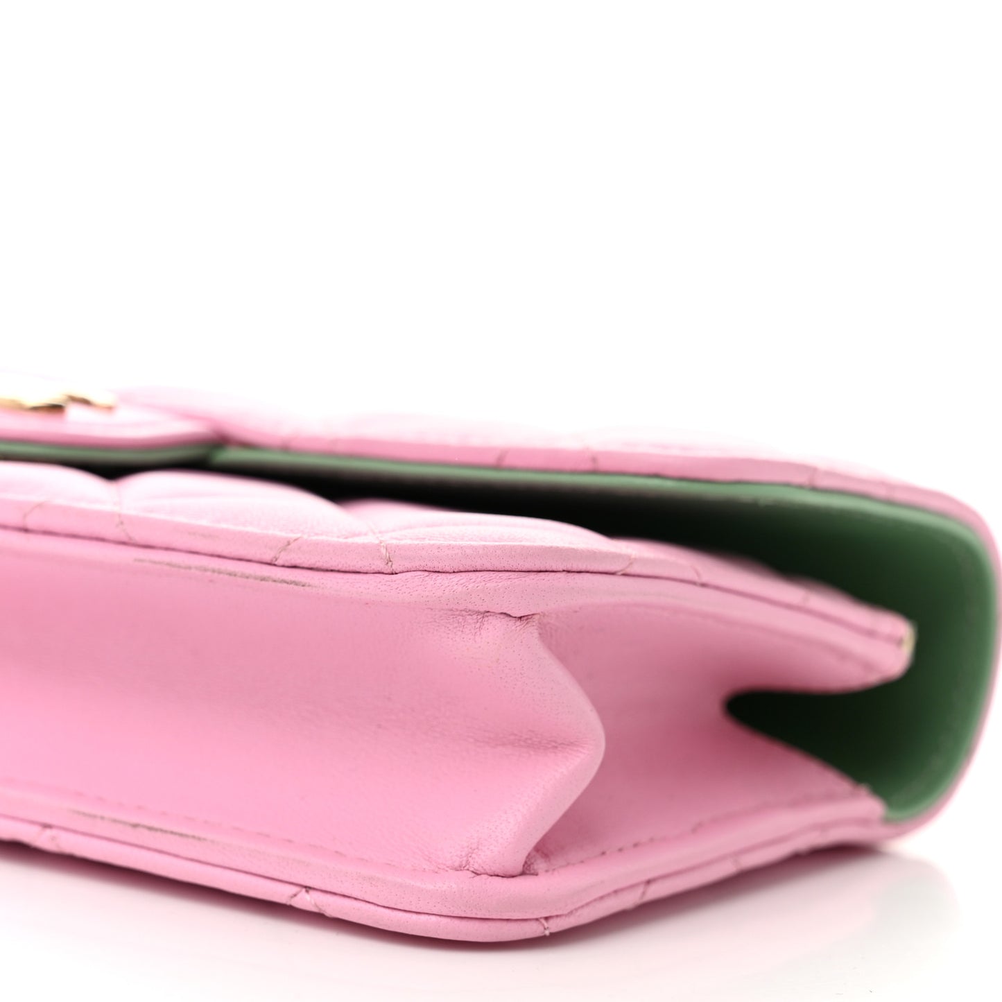 Lambskin Quilted Flap Phone Holder With Chain Lilac Light Green