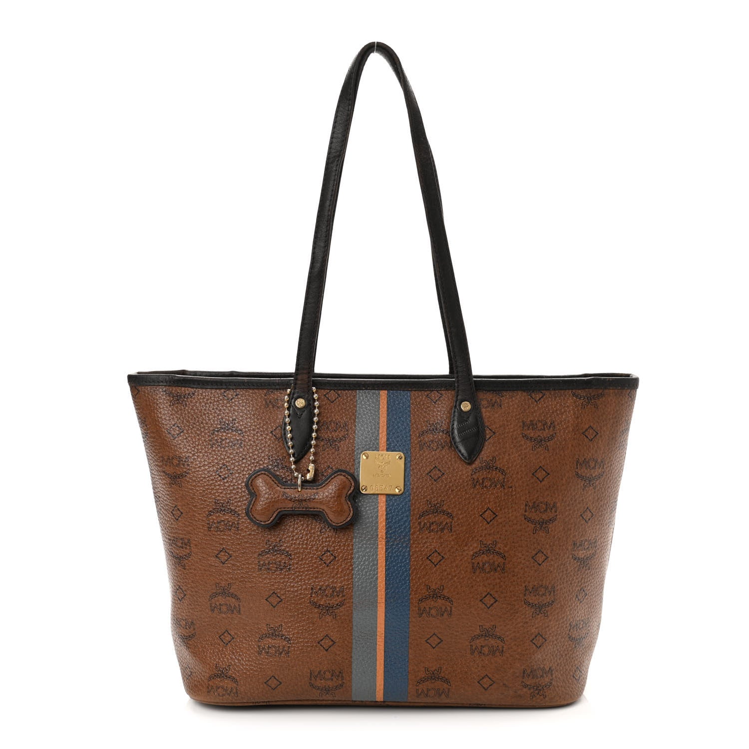 MCM Visetos Dog Bone Striped Shopper Tote Cognac 1 of 17