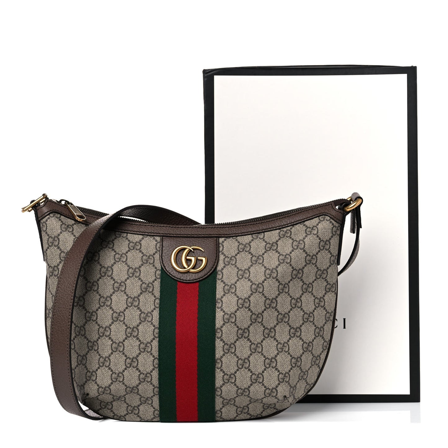GG Supreme Monogram Web Small Ophidia Half Moon Hobo Brown