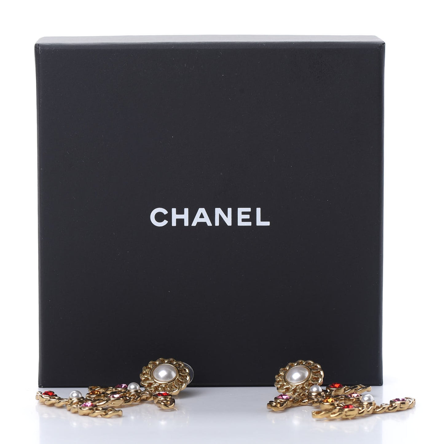 Pearl Crystal Chain Link CC Drop Earrings Gold Red Pink Yellow