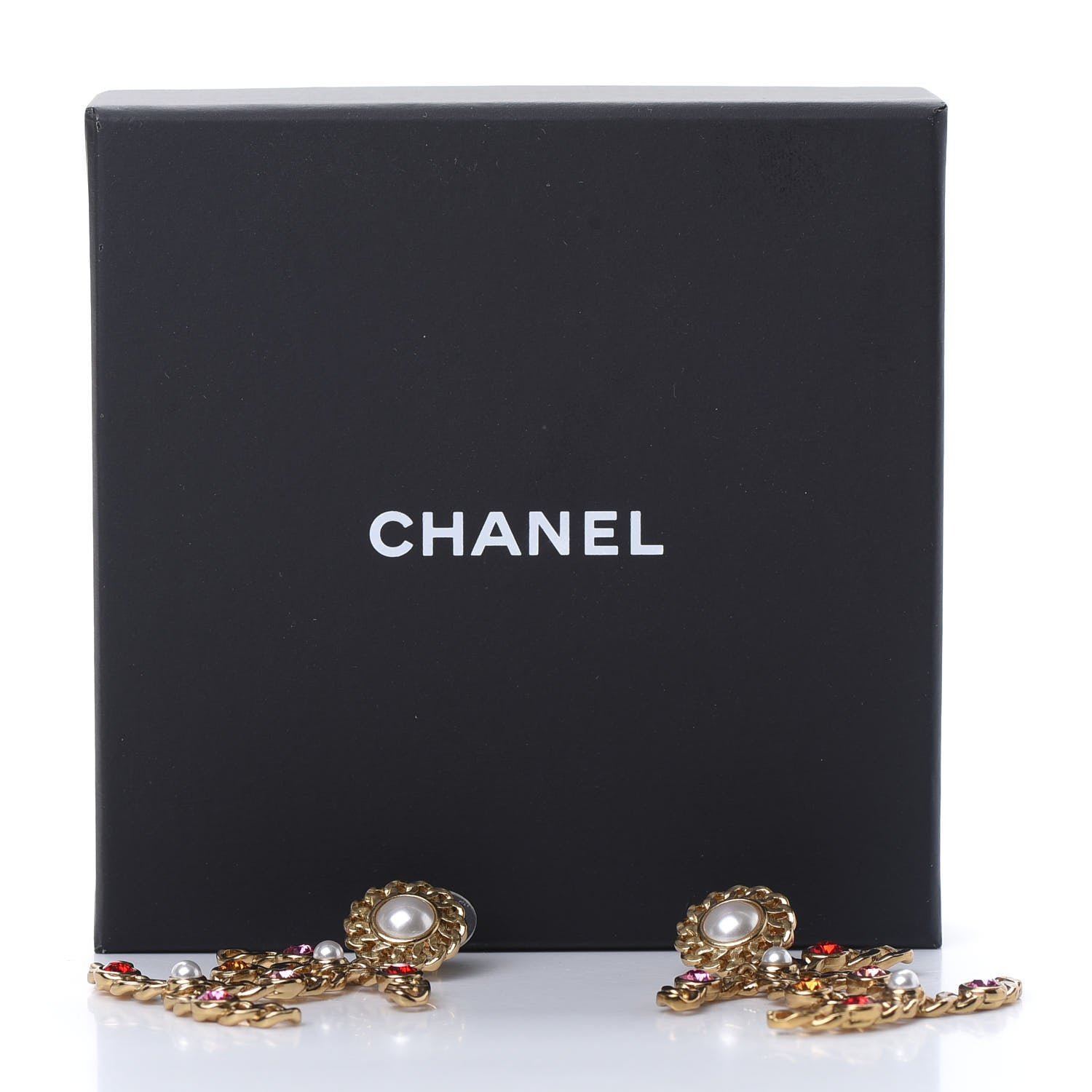 Chanel Pearl Crystal Chain Link CC Drop Earrings Gold Red Pink Yellow 5 of 5